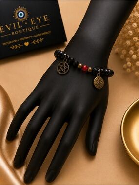 Evil Eye Boutique Black Bead Charm Bracelet with Brass Accents